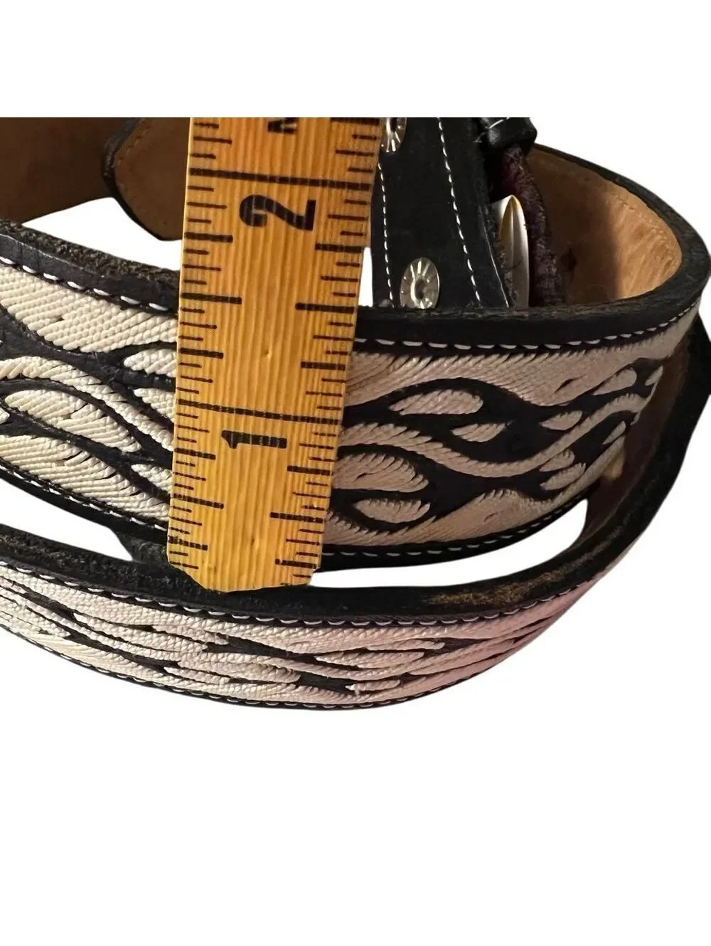 Vintage Rooster Belt Embroidered Buckle Leather Rockabilly Black White XL